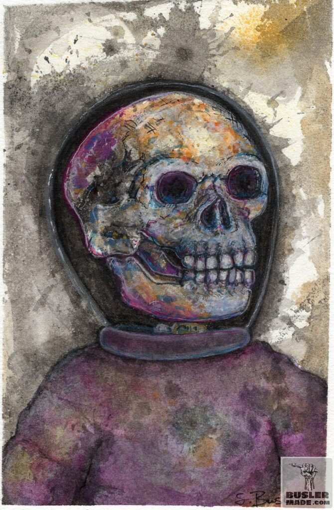A skeleton is wearing a light purple & translucent puffy spacesuit. The helmet is almost invisible and the skull has rainbow shading with a full teethed smile. There is an orage glow in the blotchy, black ink background.