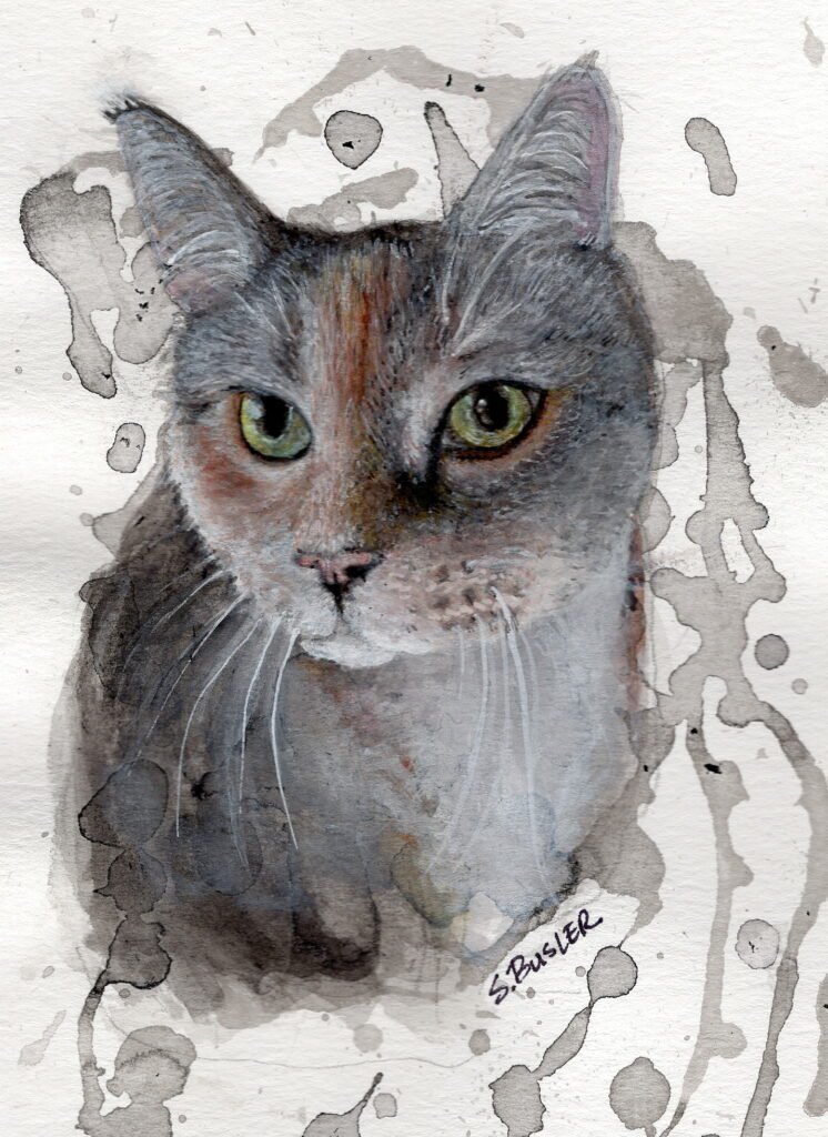 Painting of a grey and brown tabby cat with vibrant yellow/green cat eyes and long white whiskers. The portrait of the cat is cropped from the shoulders and chest up and is surrounded by black and grey inky splotches