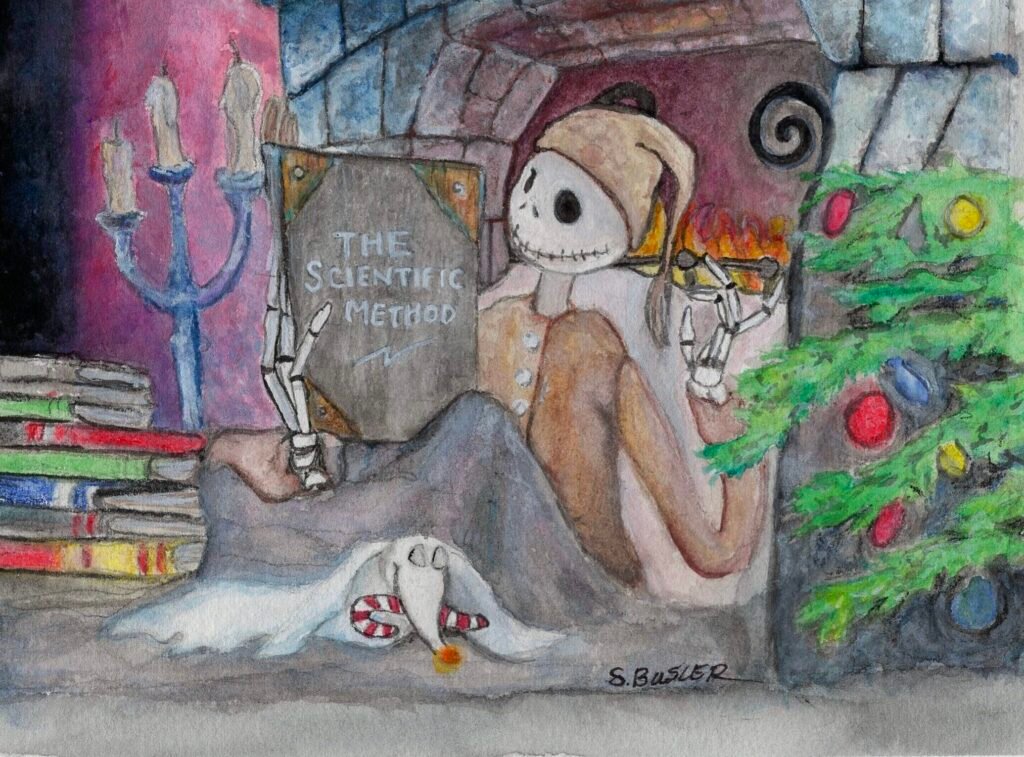Watercolor painting of Jack Skellington from The Nightmare Before Christmas in bed reading a science book with his dog zero.