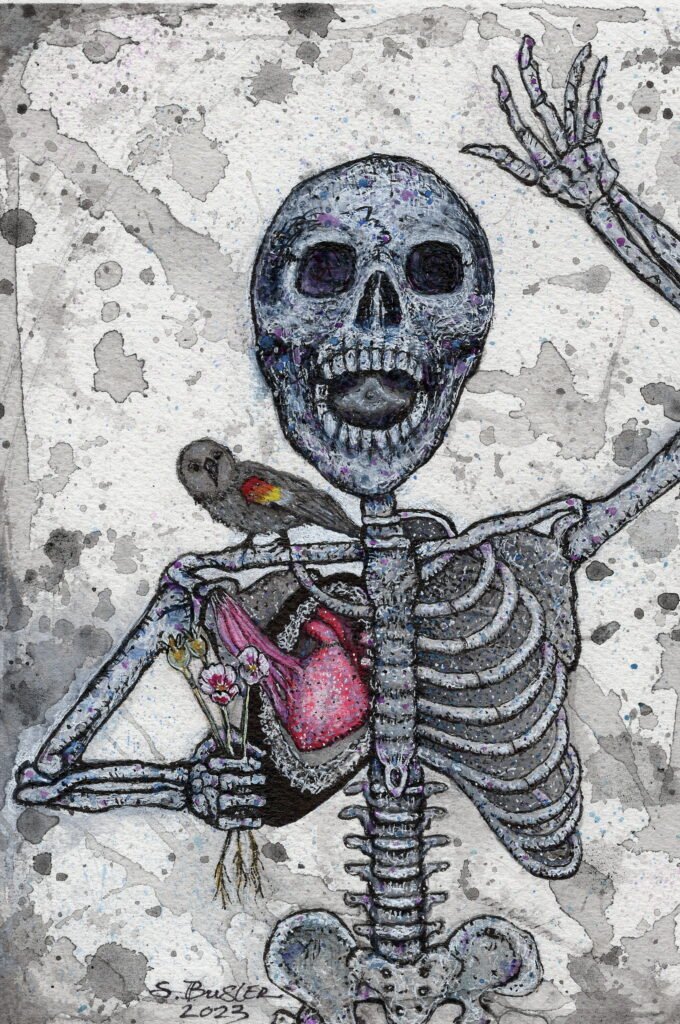 A skeleton has its mouth wide open, revealing a floating vertebrae. The first rib is missing and a red-winged blackbird is in its place. The skeleton is holding an opium plant. There are colorful dots making up the skeleton bones and black ink splashes all over the background. There is a pink heart with muscle revealed.
