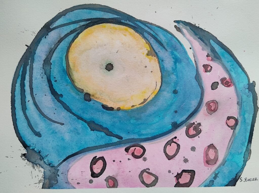 A blue octopus like creature is pictured with one large yellow eye in the center of his face. His arm is wrapped around his mouth to suggest he is covering it to whisper a secret. His arm is pink with tentacles lining it.