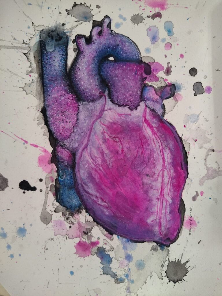 Action splashes of black ink with pink, purple and blue watercolor droplets surround a centered & floating anatomical heart. The heart is a deep toned pink, purple and cobalt blue. The arteries and veins are made up of hundreds of contrasting colored dots. A soft, white, cloud-like shape meets the edges of the arteries with small pink veins traveling the length of the heart. There are tiny flecks of sparkly salt adhered to the paper and dried paint.