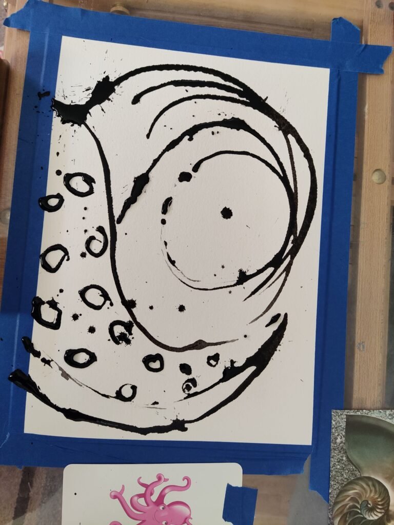 Early painting stage of Gary the nasal polyp. Sumi ink makes up the outline of the figure