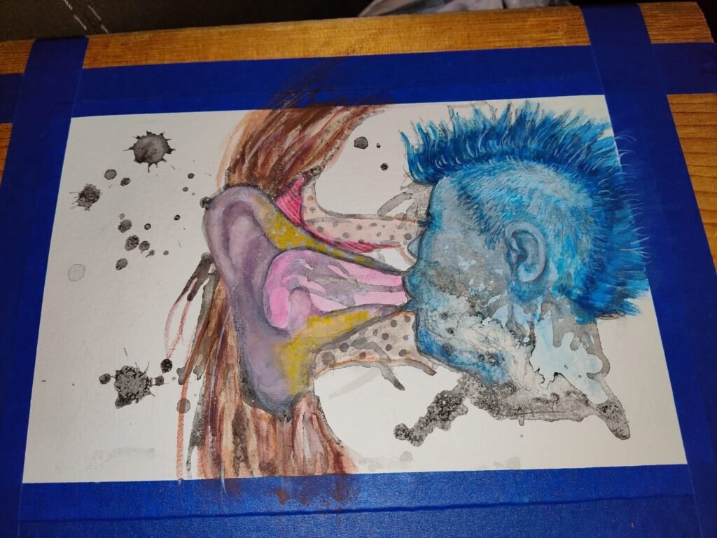 Painting in early stage of Is it in your head or ear. There are kosher salt flakes in the back ink areas