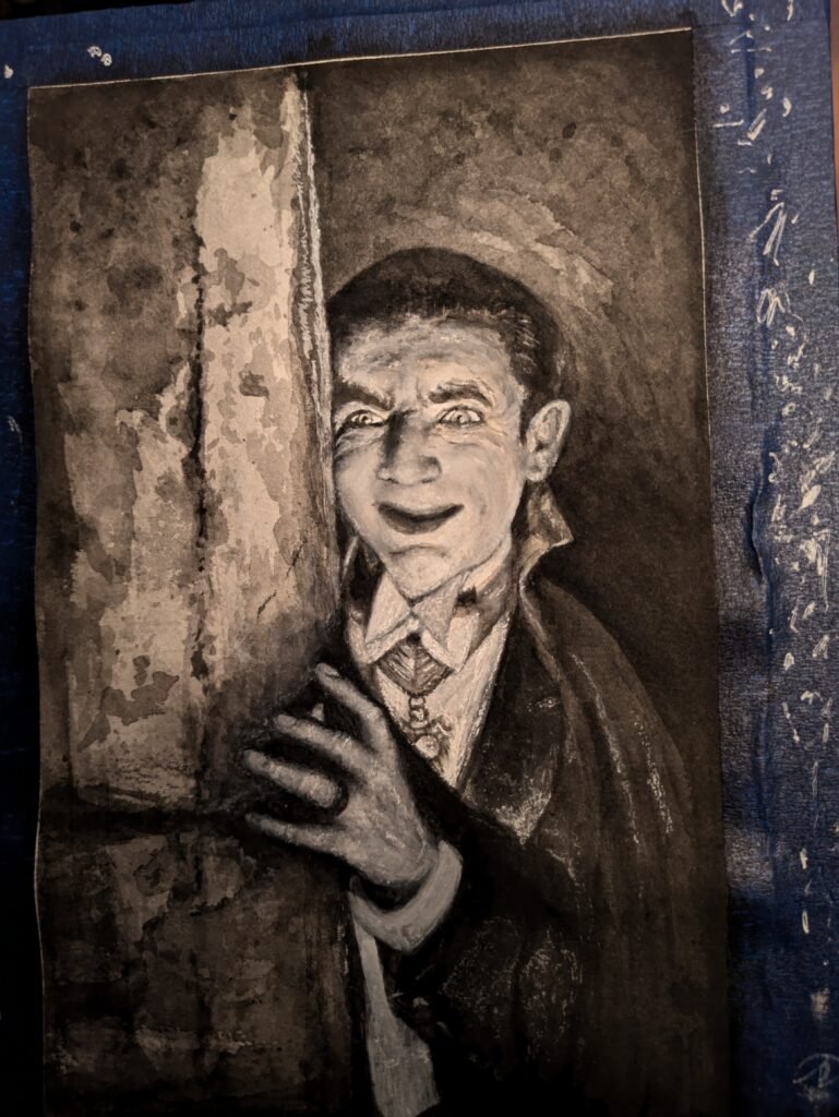 Dracula looks at the viewer, grinning, his face lit up. Black ink & white highlights appear throughout his suit, bowtie and cloak. His hand rests on the corner of wall he hides behind