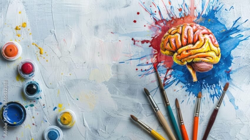 Colorful brain painting with splashes and art supplies on white background